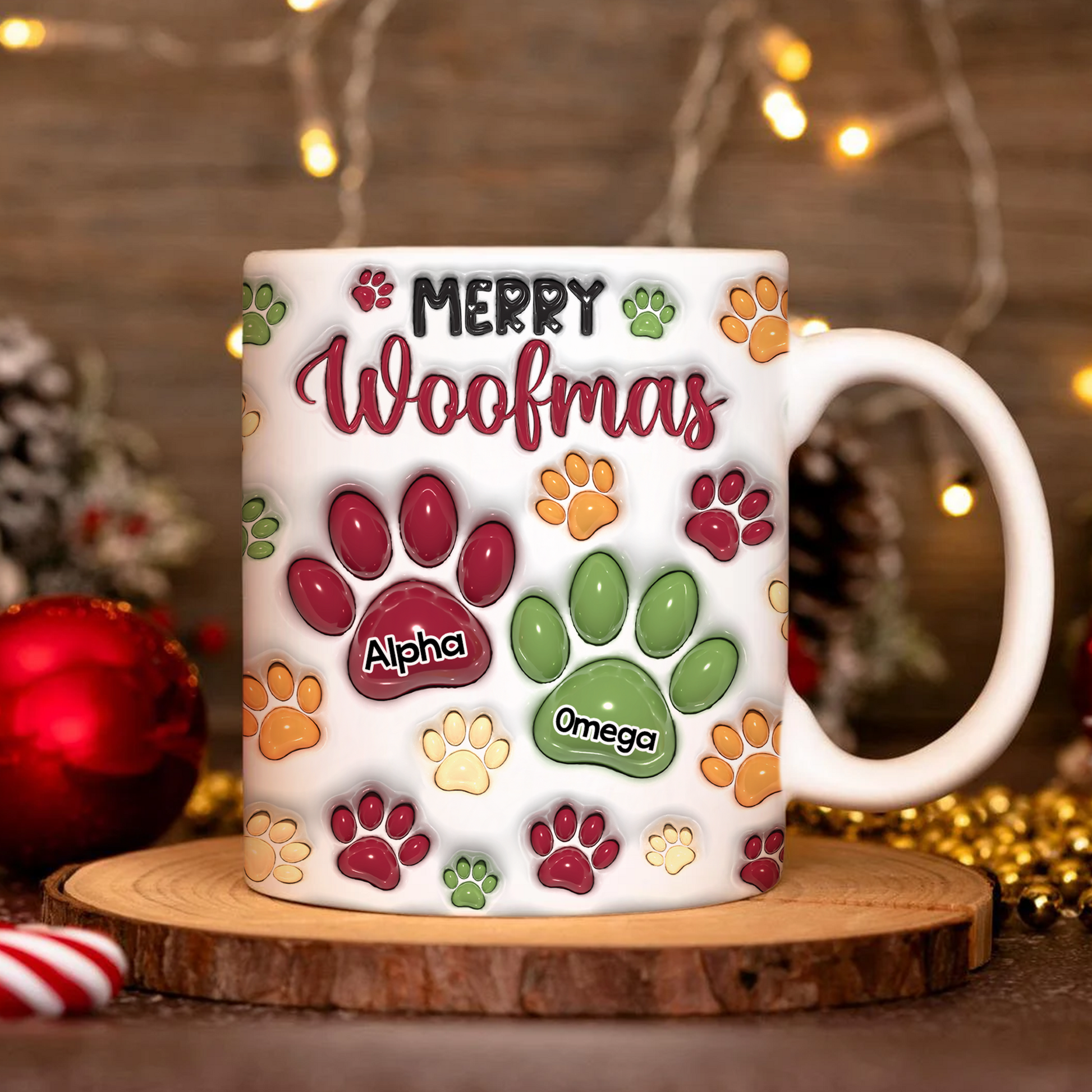 Personalized Christmas Paws Mug: Custom coffee mug with 3D paw print effect.