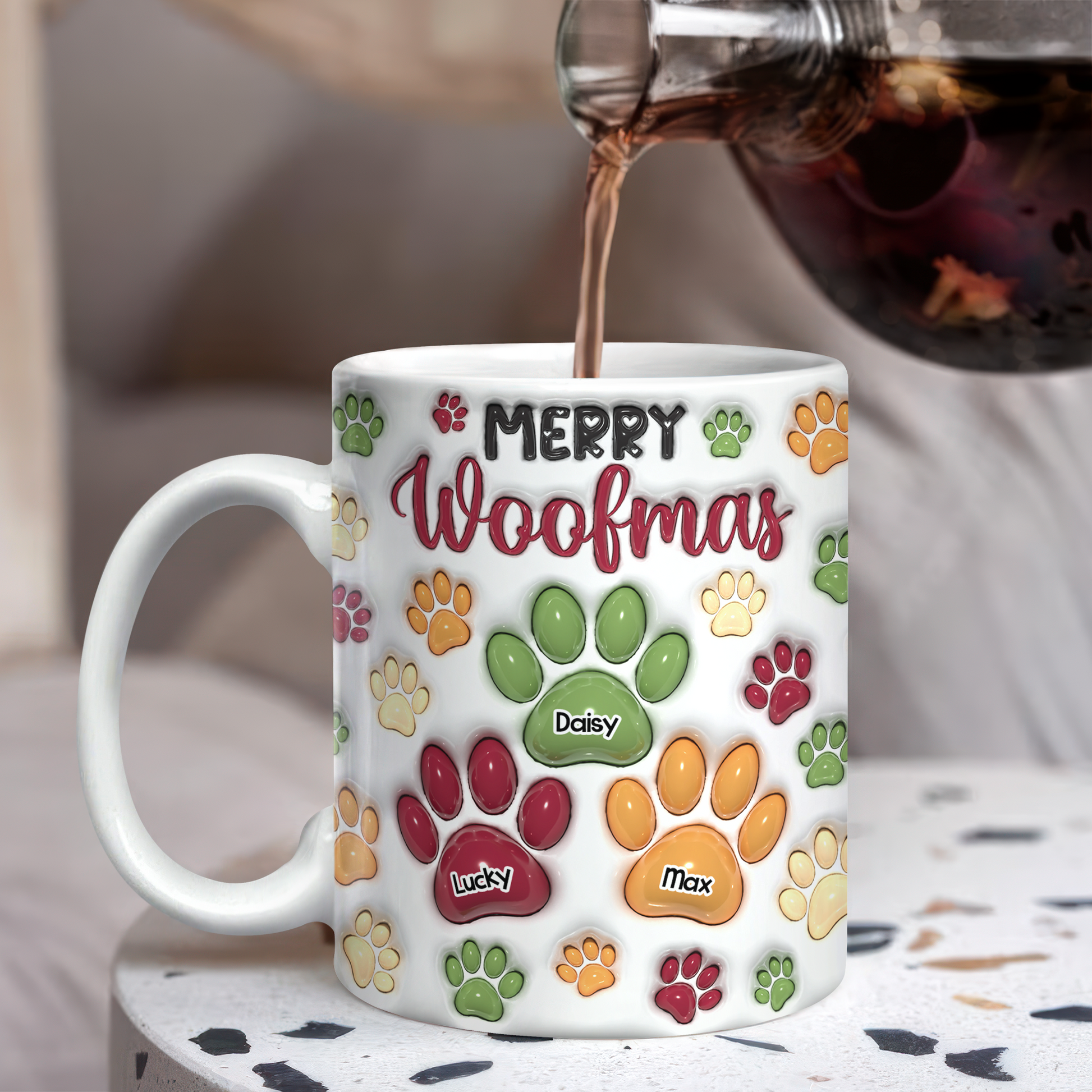 Personalized Christmas Paws Mug: Custom coffee mug with 3D paw print effect.