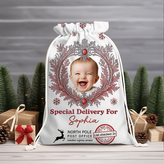 Custom photo Christmas sack with snowy design - personalized family gift.