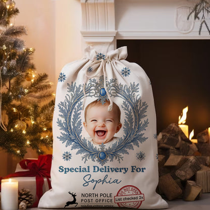 Custom photo Christmas sack with snowy design - personalized family gift.