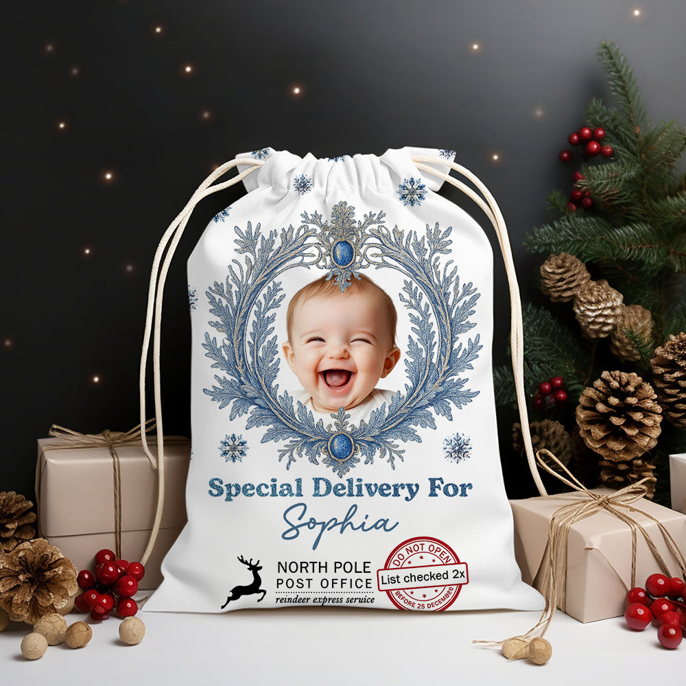Custom photo Christmas sack with snowy design - personalized family gift.