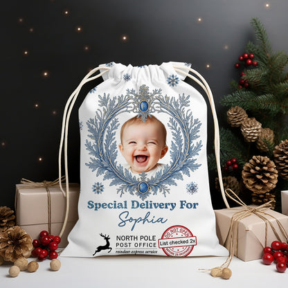 Custom photo Christmas sack with snowy design - personalized family gift.