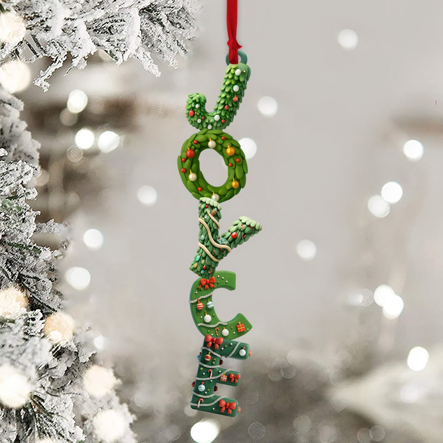 Personalized Christmas tree alphabet family ornament. Custom shaped 2-layered wood decoration for the holidays.