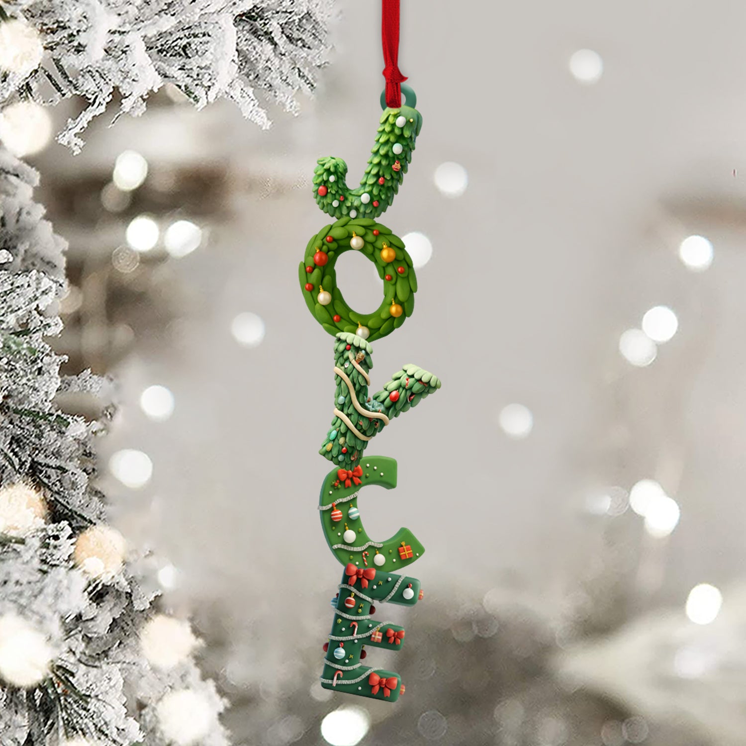 Personalized Christmas tree alphabet family ornament. Custom shaped 2-layered wood decoration for the holidays.
