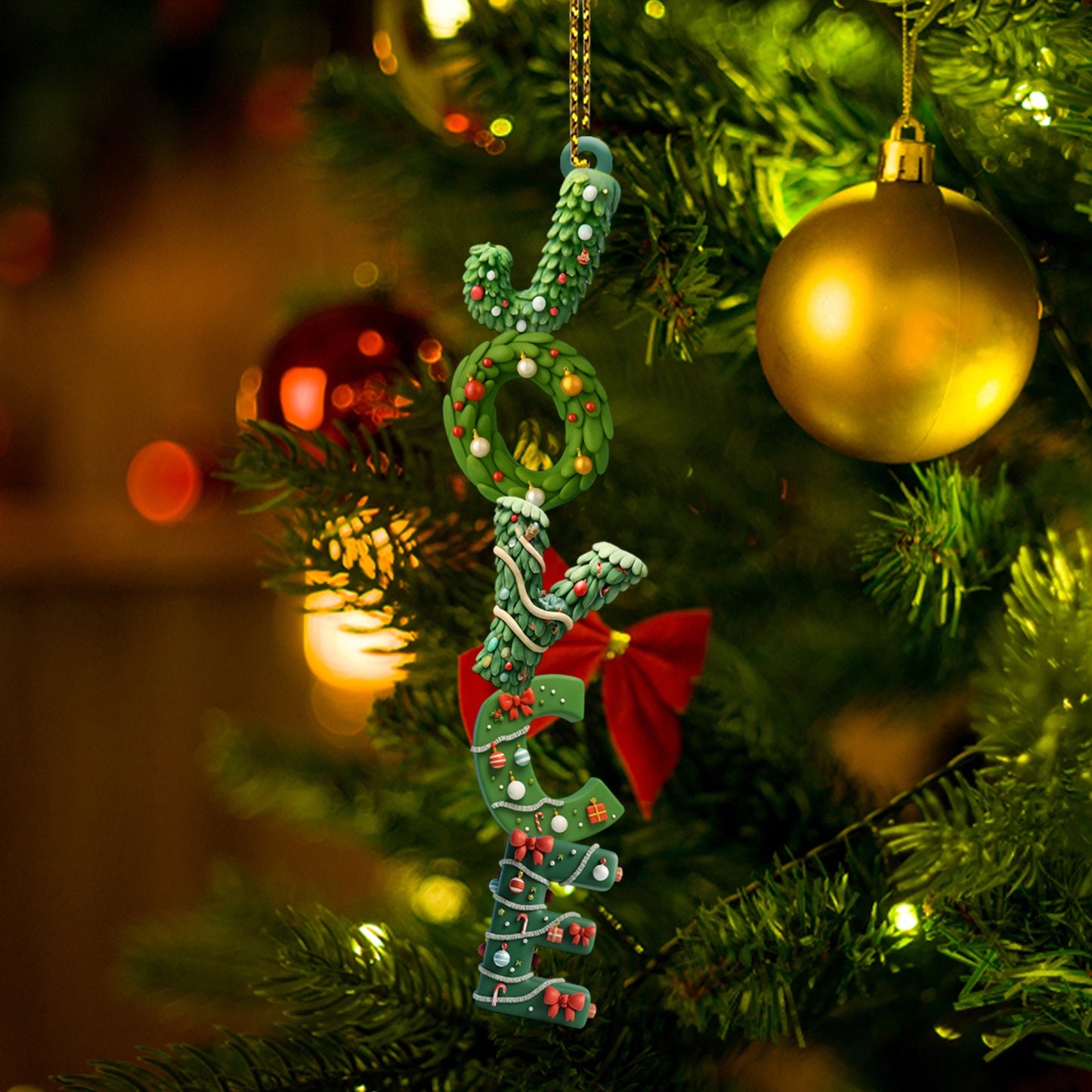 Personalized Christmas tree alphabet family ornament. Custom shaped 2-layered wood decoration for the holidays.
