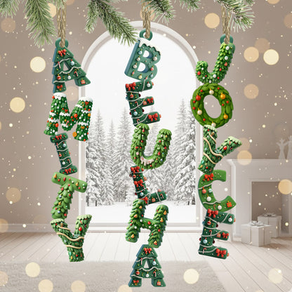Personalized Christmas tree alphabet family ornament. Custom shaped 2-layered wood decoration for the holidays.
