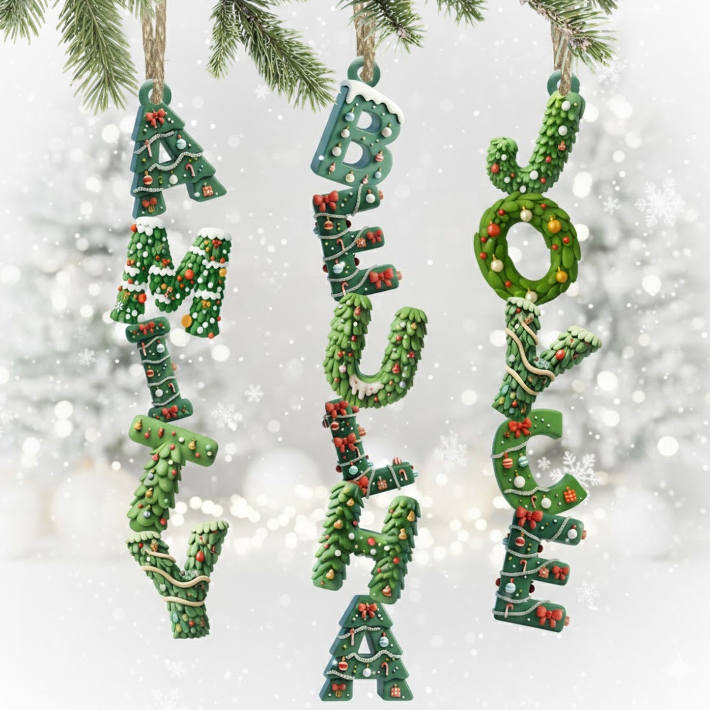 Personalized Christmas tree alphabet family ornament. Custom shaped 2-layered wood decoration for the holidays.