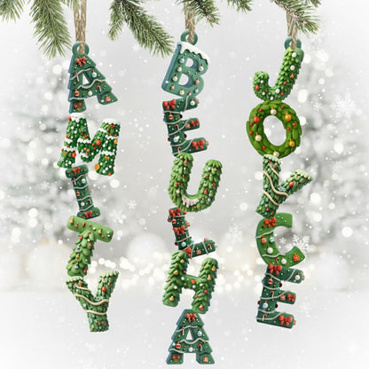 Personalized Christmas tree alphabet family ornament. Custom shaped 2-layered wood decoration for the holidays.