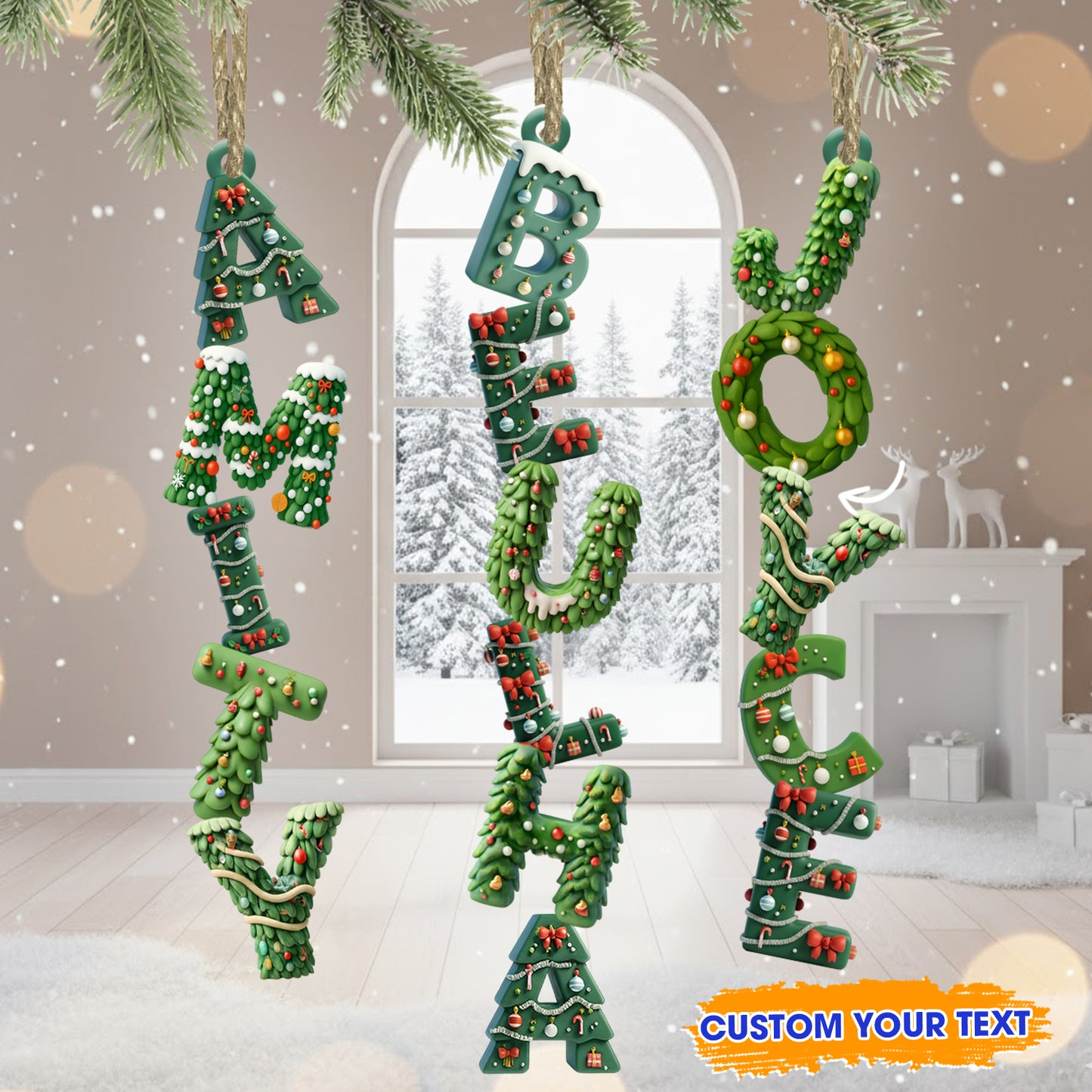 Personalized Christmas tree alphabet family ornament. Custom shaped 2-layered wood decoration for the holidays.