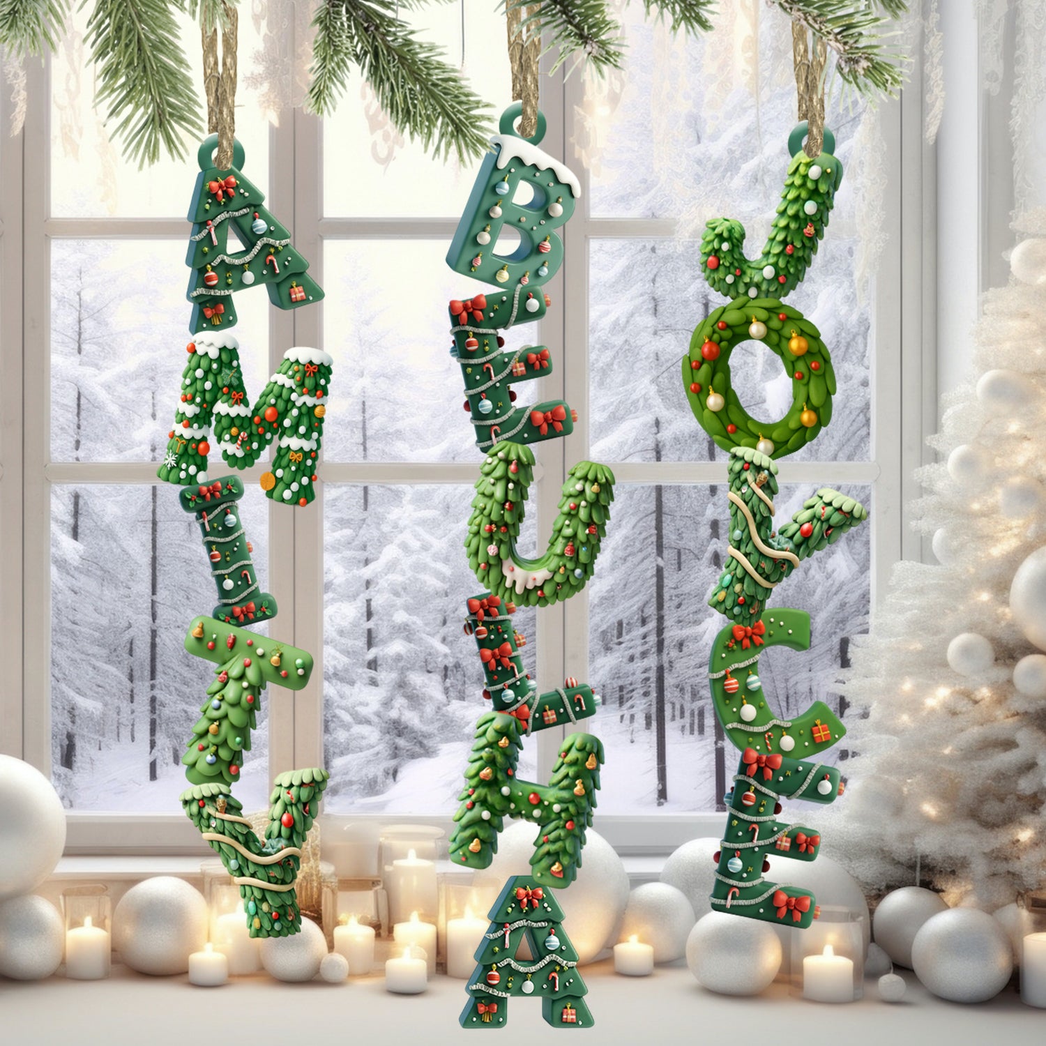 Personalized Christmas tree alphabet family ornament. Custom shaped 2-layered wood decoration for the holidays.