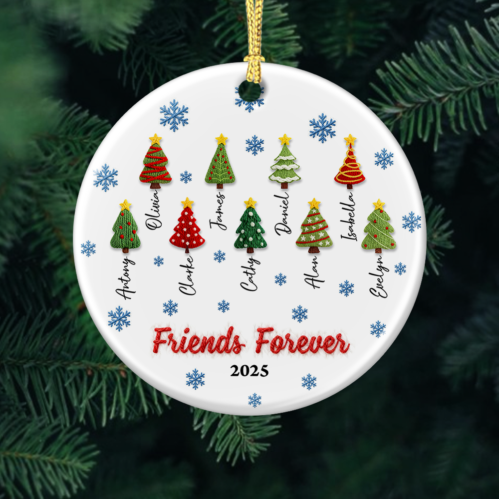 Personalized Christmas tree family crochet ornament, custom 3D ceramic decoration.