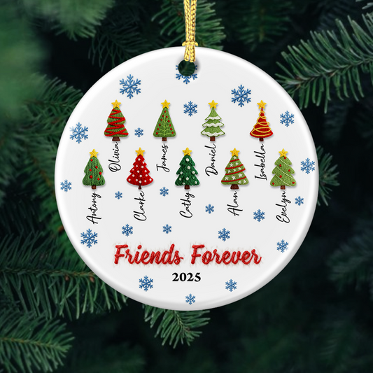Personalized Christmas tree family crochet ornament, custom 3D ceramic decoration.