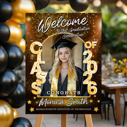 Class of 2026 Disco Personalized Graduation Welcome Sign featuring custom photo and celebratory disco ball design.