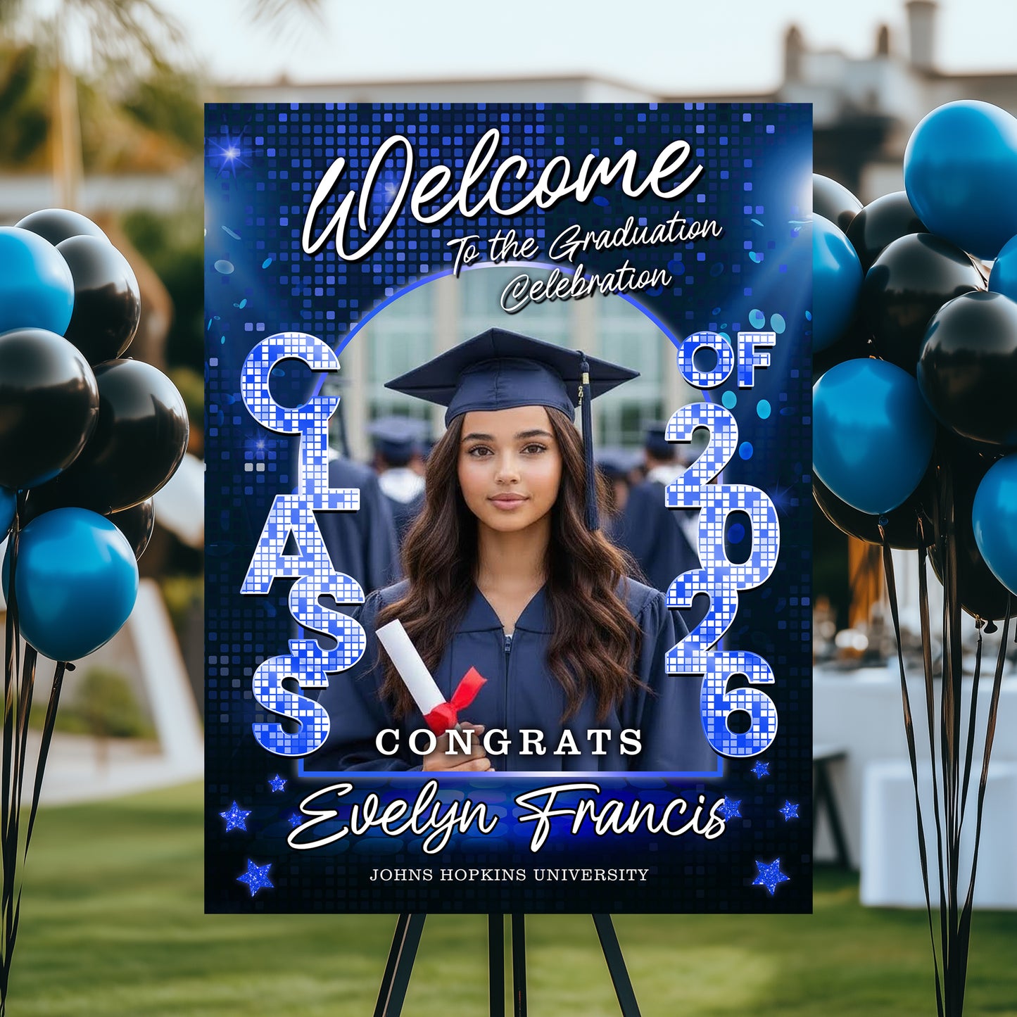 Class of 2026 Disco Personalized Graduation Welcome Sign featuring custom photo and celebratory disco ball design.