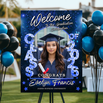 Class of 2026 Disco Personalized Graduation Welcome Sign featuring custom photo and celebratory disco ball design.