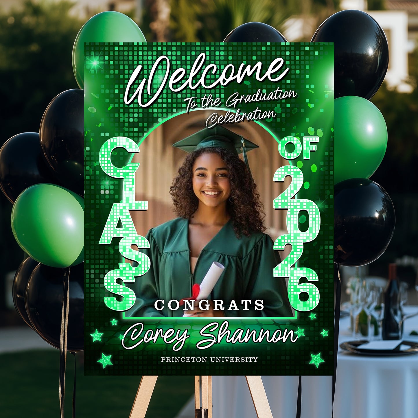 Class of 2026 Disco Personalized Graduation Welcome Sign featuring custom photo and celebratory disco ball design.