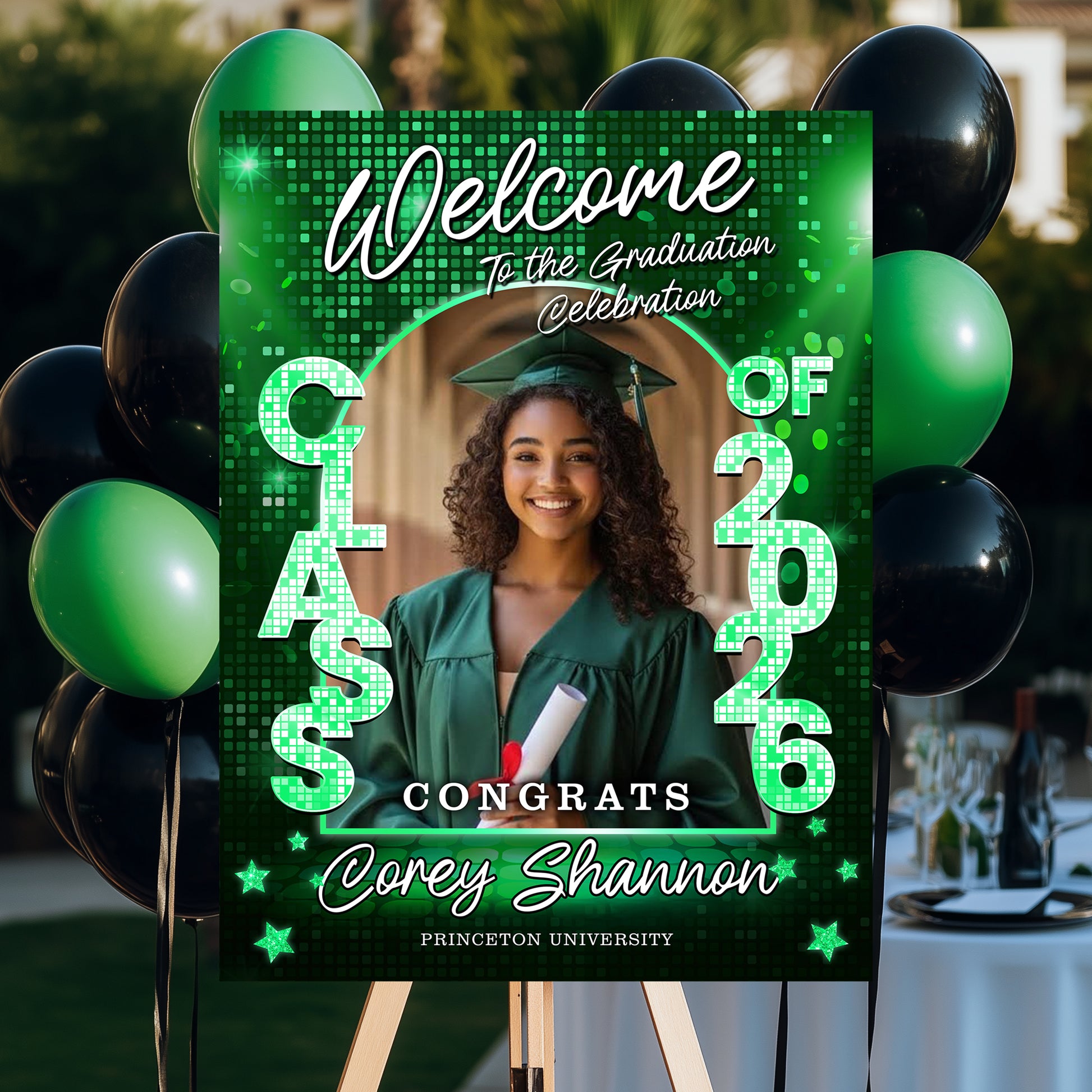 Class of 2026 Disco Personalized Graduation Welcome Sign featuring custom photo and celebratory disco ball design.