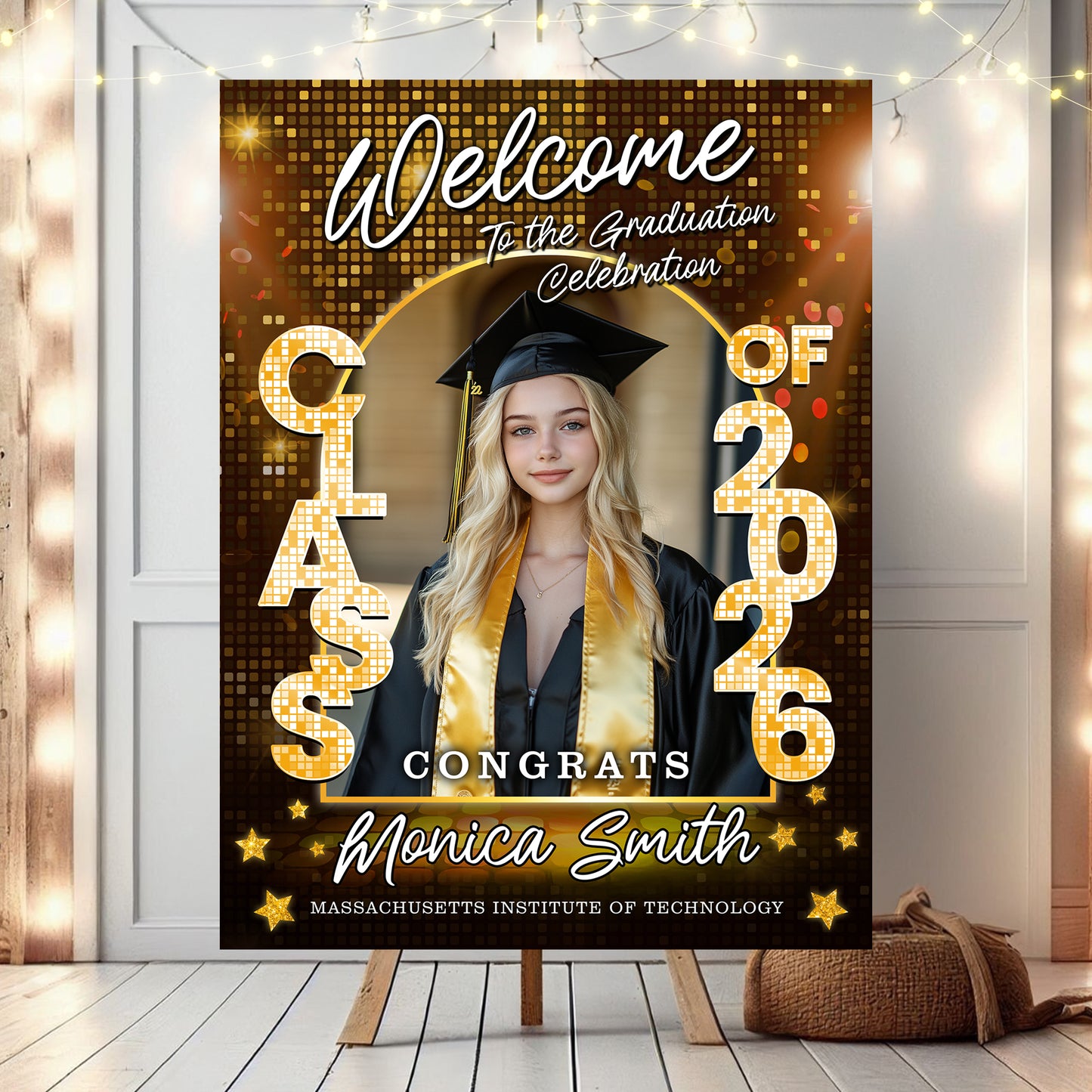 Class of 2026 Disco Personalized Graduation Welcome Sign featuring custom photo and celebratory disco ball design.