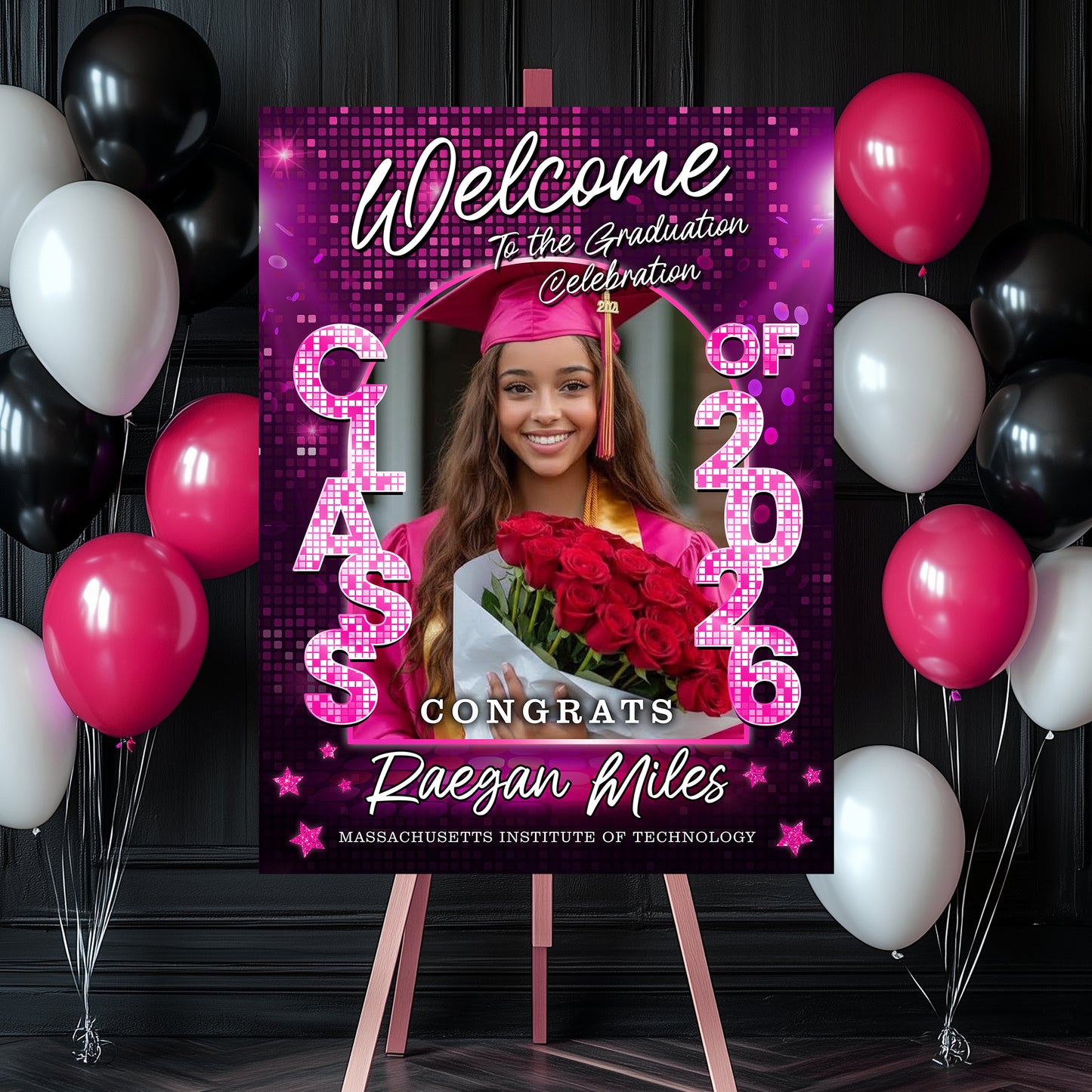 Class of 2026 Disco Personalized Graduation Welcome Sign featuring custom photo and celebratory disco ball design.