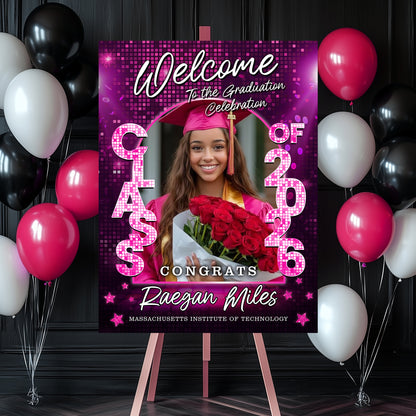 Class of 2026 Disco Personalized Graduation Welcome Sign featuring custom photo and celebratory disco ball design.