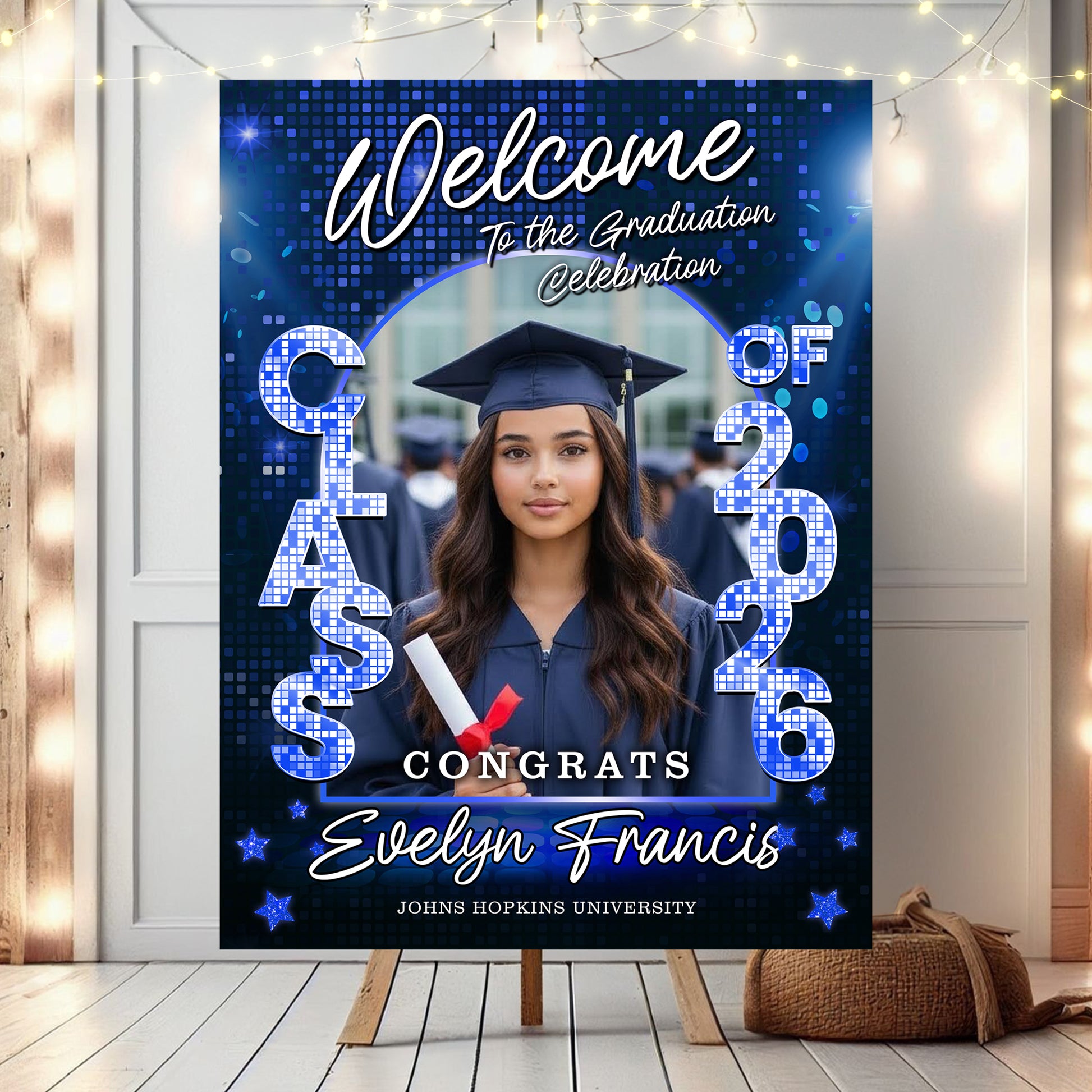 Class of 2026 Disco Personalized Graduation Welcome Sign featuring custom photo and celebratory disco ball design.