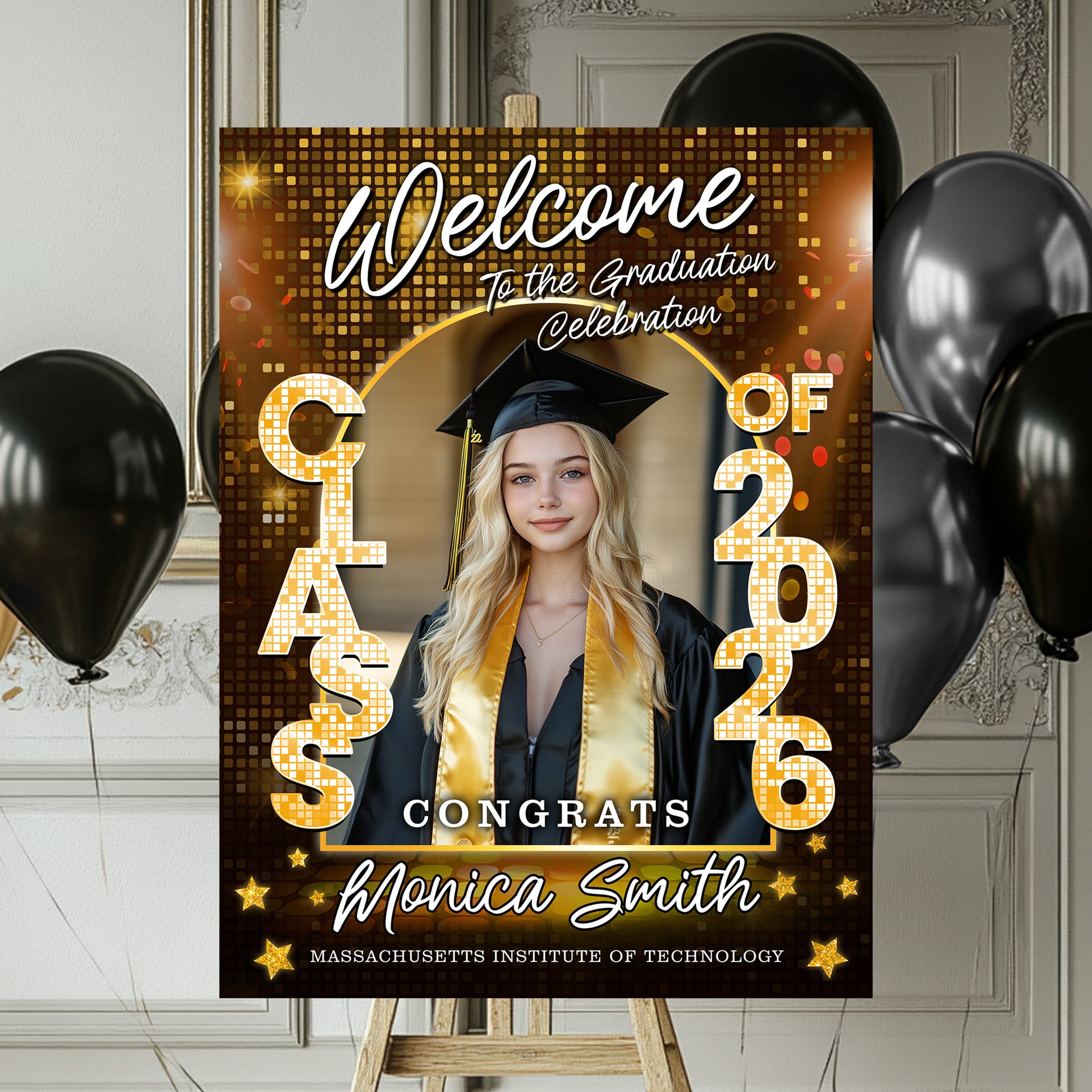 Class of 2026 Disco Personalized Graduation Welcome Sign featuring custom photo and celebratory disco ball design.