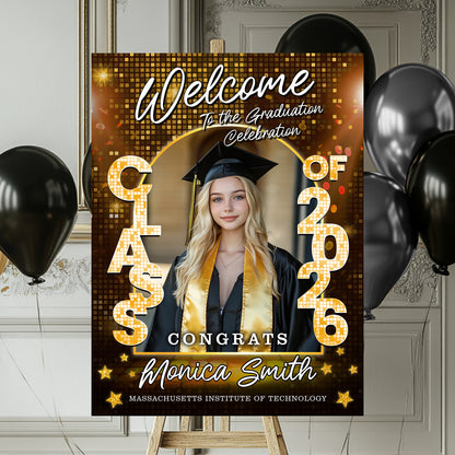 Class of 2026 Disco Personalized Graduation Welcome Sign featuring custom photo and celebratory disco ball design.