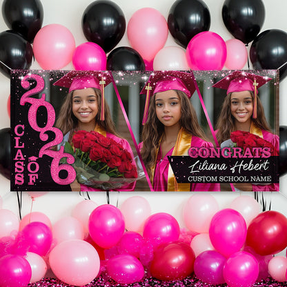Class Of 2026 Glitter Graduate Style Personalized Banner - Graduation Decor