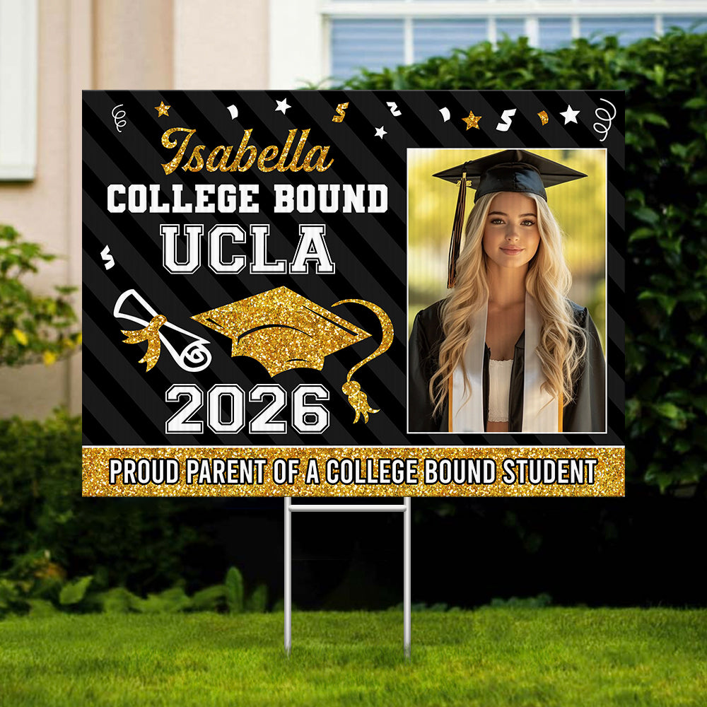 Personalized "College Bound 2026" lawn sign, a unique graduation yarn sign gift with stake, perfect for celebrating graduation.
