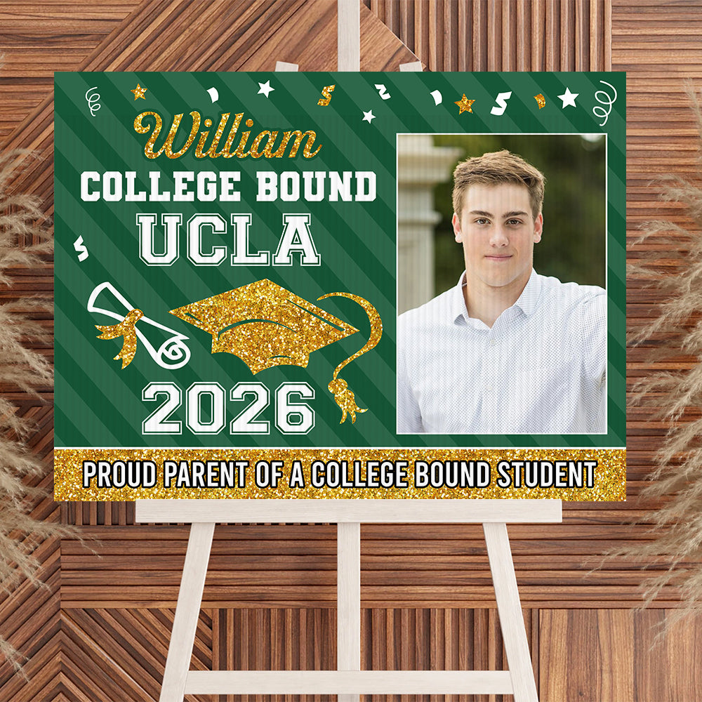 Personalized "College Bound 2026" lawn sign, a unique graduation yarn sign gift with stake, perfect for celebrating graduation.
