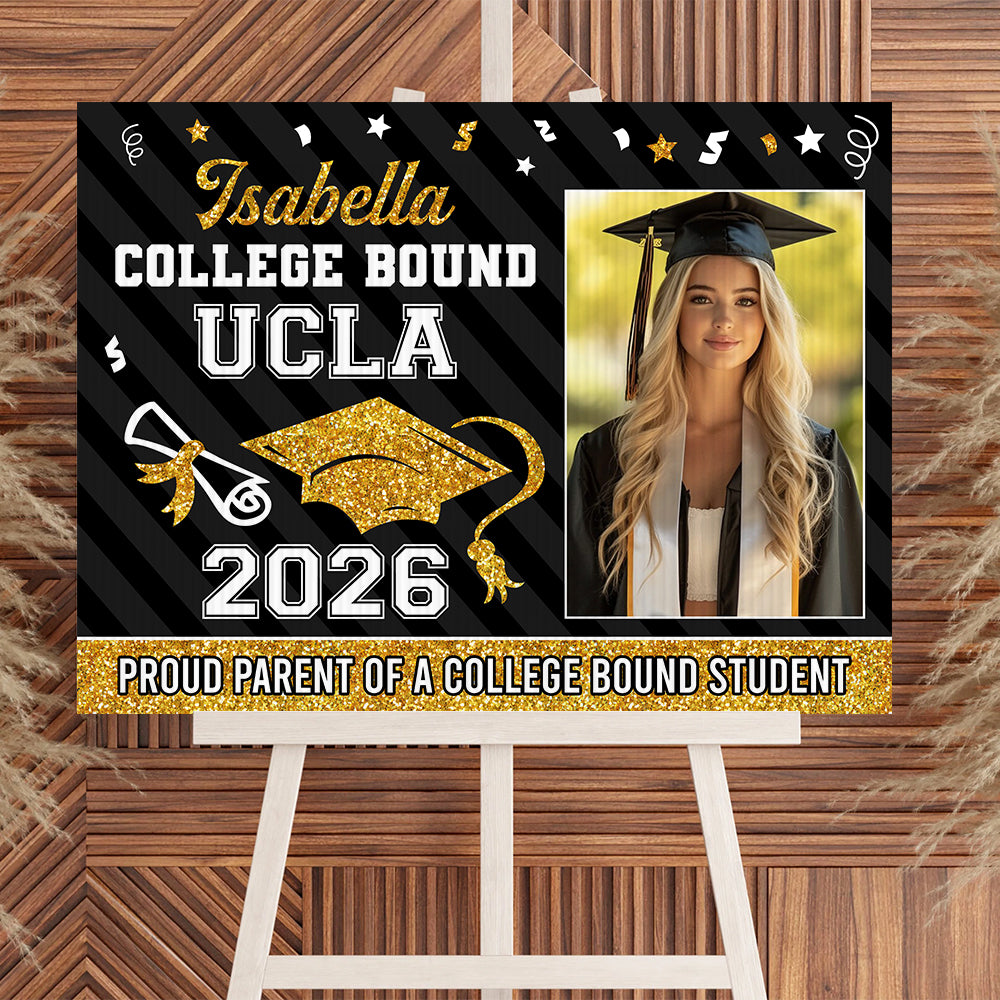 Personalized "College Bound 2026" lawn sign, a unique graduation yarn sign gift with stake, perfect for celebrating graduation.
