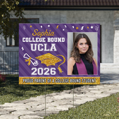 Personalized "College Bound 2026" lawn sign, a unique graduation yarn sign gift with stake, perfect for celebrating graduation.
