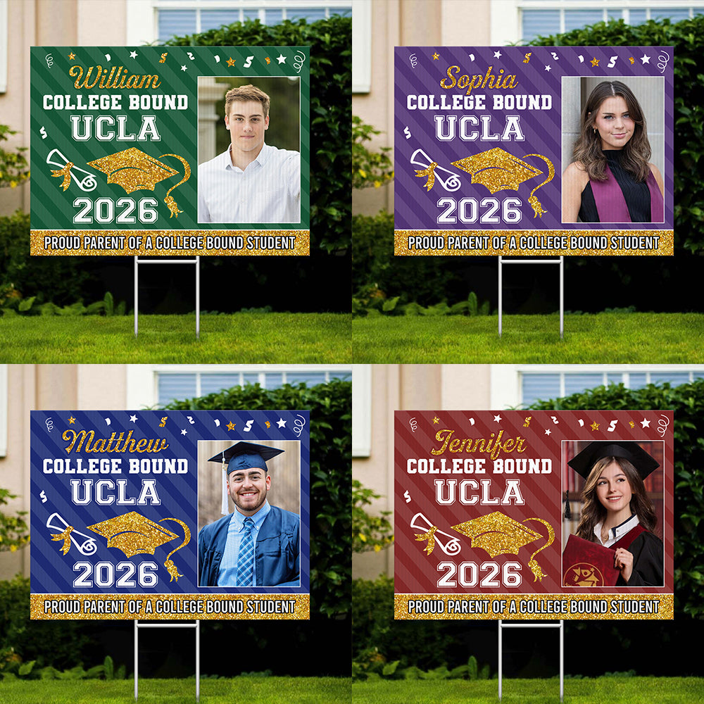 Personalized "College Bound 2026" lawn sign, a unique graduation yarn sign gift with stake, perfect for celebrating graduation.
