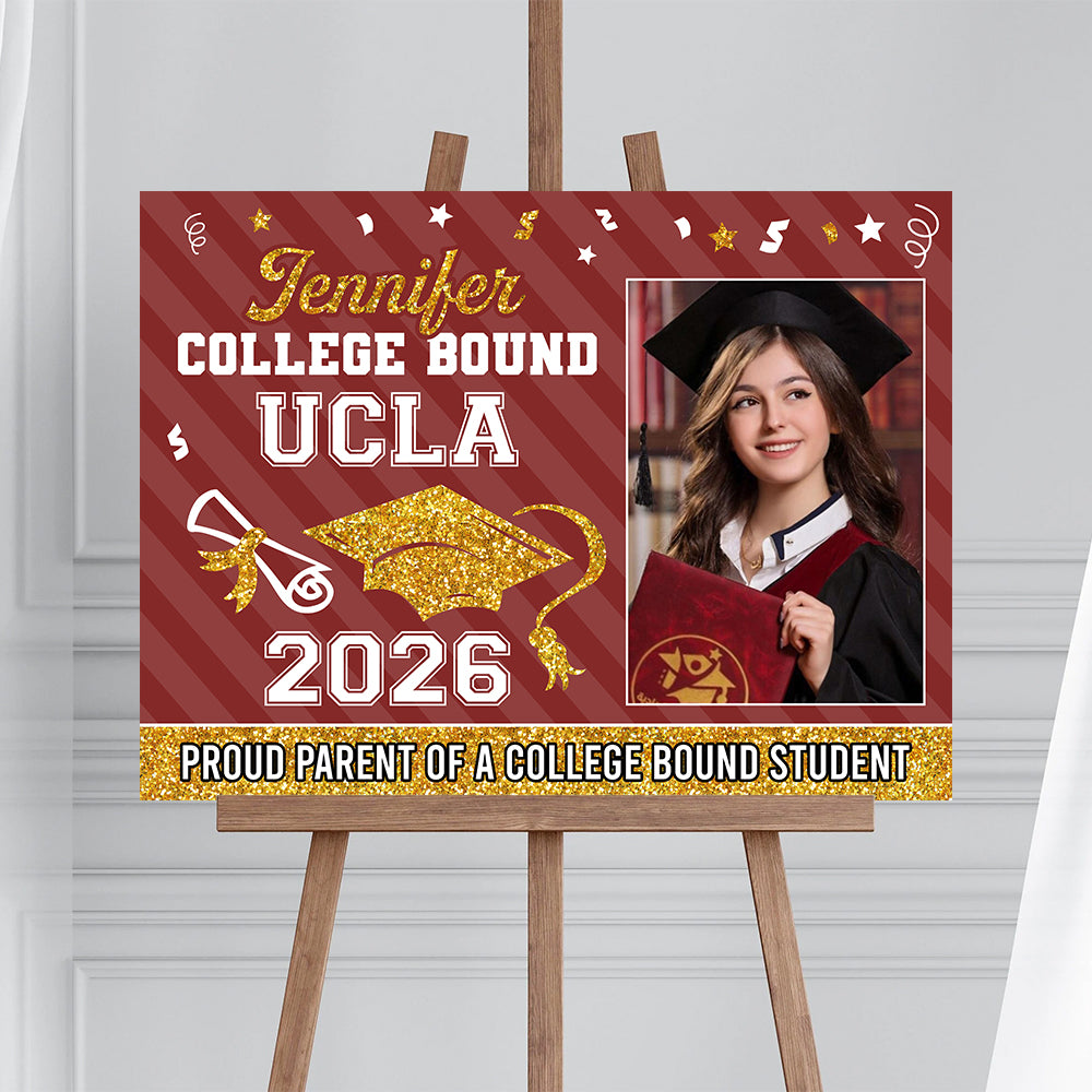 Personalized "College Bound 2026" lawn sign, a unique graduation yarn sign gift with stake, perfect for celebrating graduation.
