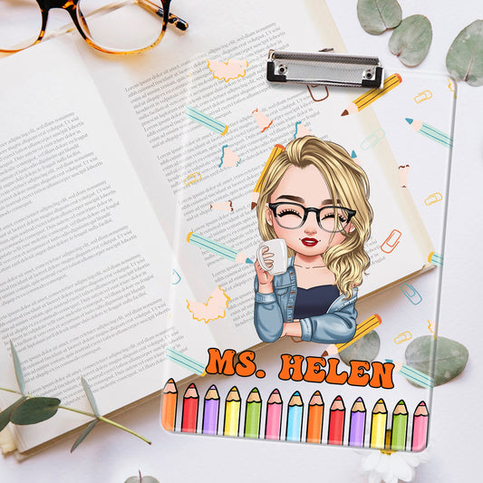 Custom acrylic clipboard with teacher's name, perfect back-to-school teacher gift.