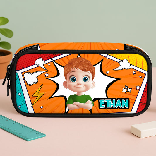 Colorful cartoon-style personalized pencil case with custom name.