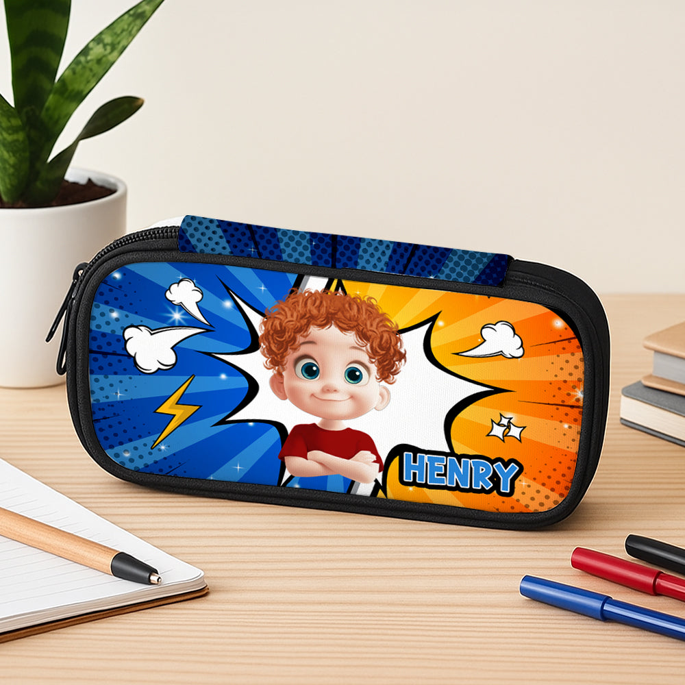 Colorful cartoon-style personalized pencil case with custom name.