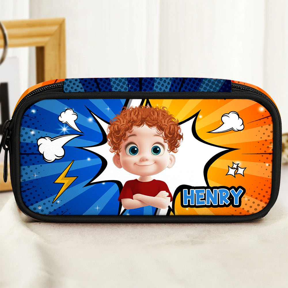 Colorful cartoon-style personalized pencil case with custom name.