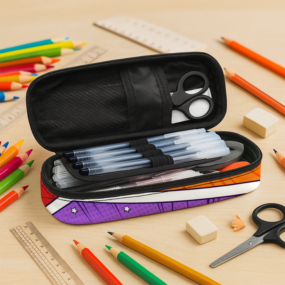 Colorful cartoon-style personalized pencil case with custom name.