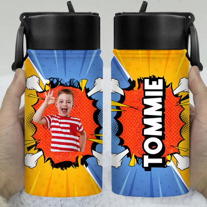 Comic Book Back to School Water Bottle: 12 oz stainless steel bottle with straw lid, colorful superhero design.