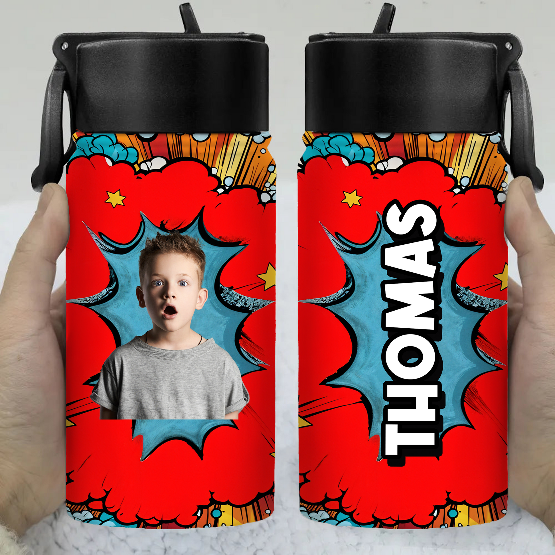 Comic Book Back to School Water Bottle: 12 oz stainless steel bottle with straw lid, colorful superhero design.