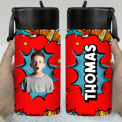 Comic Book Back to School Water Bottle: 12 oz stainless steel bottle with straw lid, colorful superhero design.