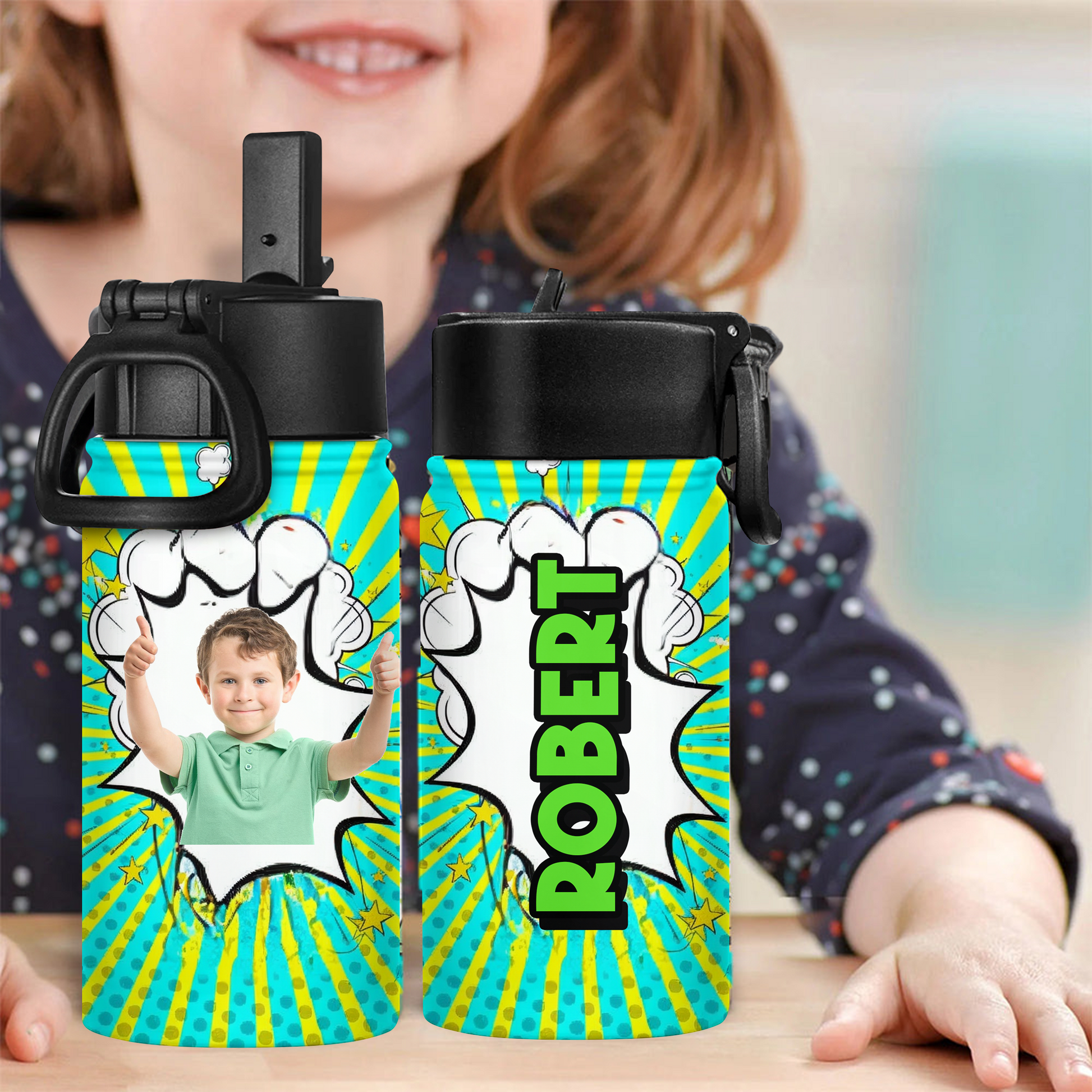Comic Book Back to School Water Bottle: 12 oz stainless steel bottle with straw lid, colorful superhero design.