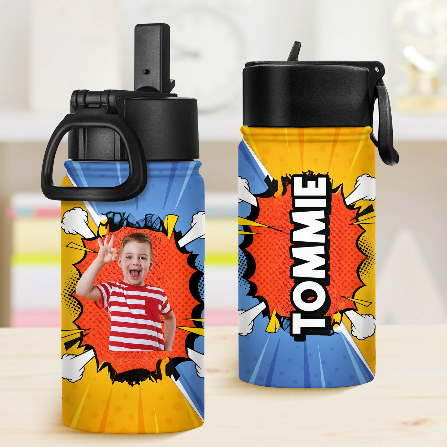 Comic Book Back to School Water Bottle: 12 oz stainless steel bottle with straw lid, colorful superhero design.