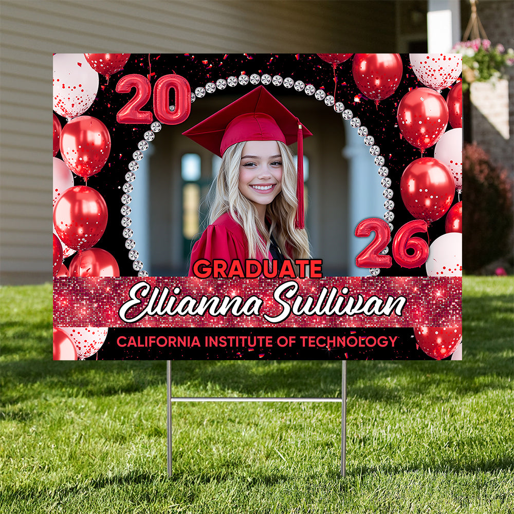 Personalized Congrats Graduation 2026 lawn sign, red yarn with yard stake.