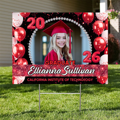 Personalized Congrats Graduation 2026 lawn sign, red yarn with yard stake.