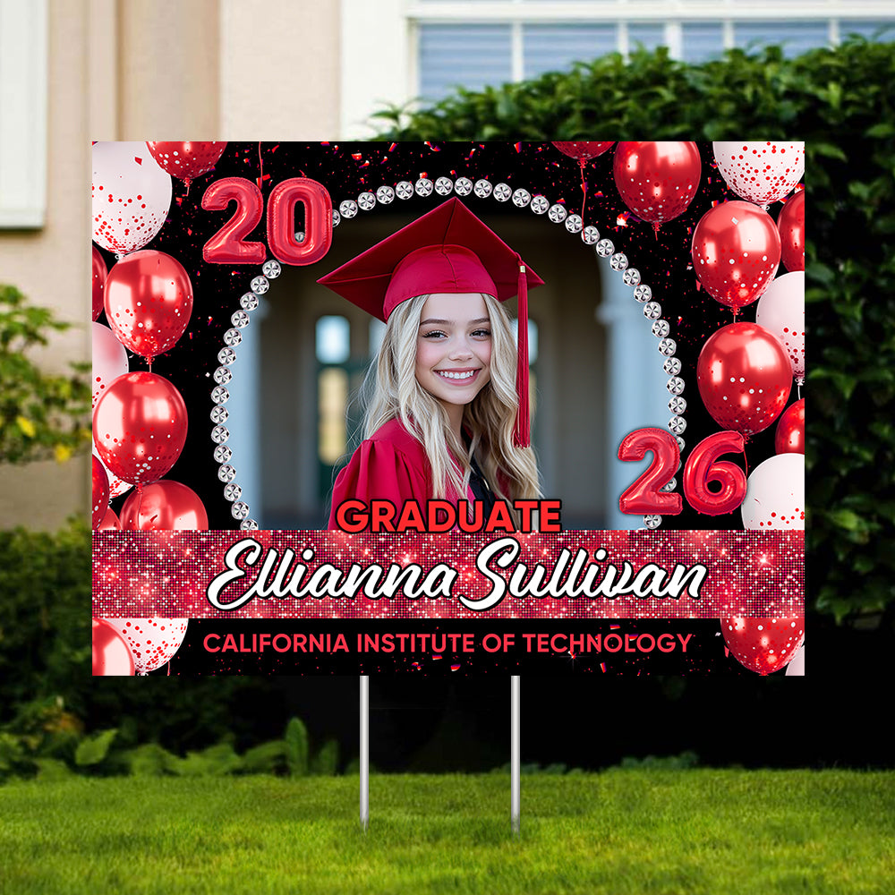 Personalized Congrats Graduation 2026 lawn sign, red yarn with yard stake.