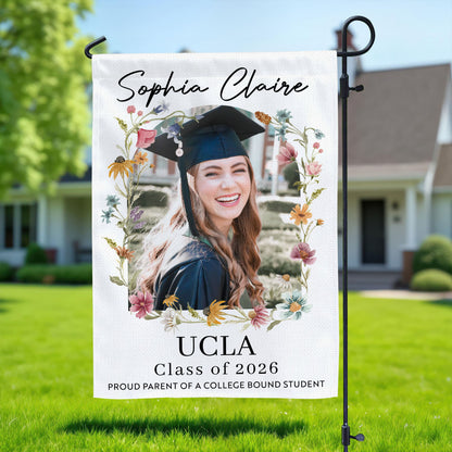 Personalized Graduation Garden Flag with flowers and flags for the Class of 2026.