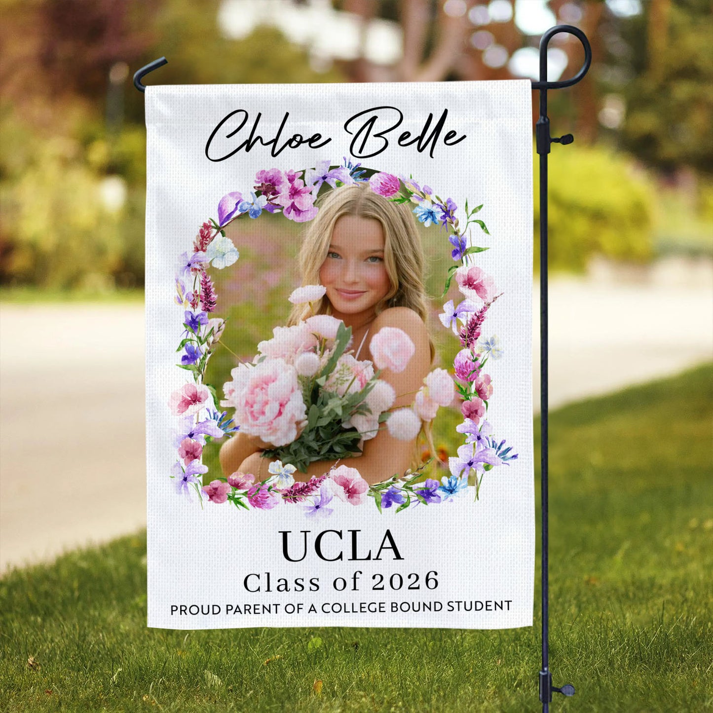Personalized Graduation Garden Flag with flowers and flags for the Class of 2026.