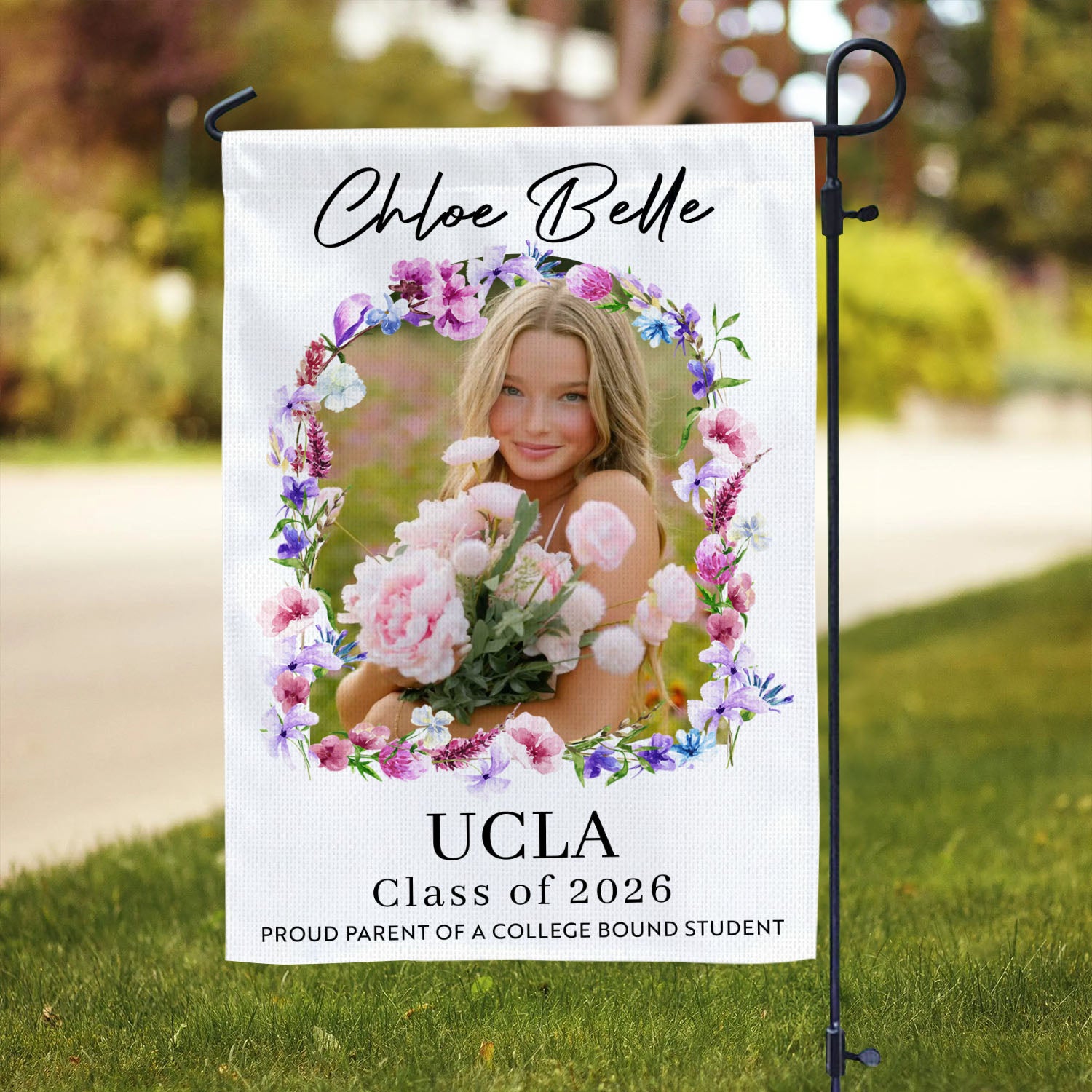 Personalized Graduation Garden Flag with flowers and flags for the Class of 2026.